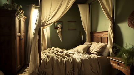 A cozy bed canopy in earth tones, set in a room with olive green walls and rustic wooden furniture