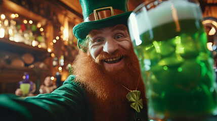 banner or card for st. patrick's day, red smiling leprechaun in a green hat with a mug of green ale looking at the camera in a bar