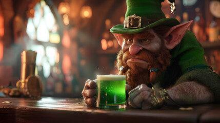 banner or card for st. patrick's day, red smiling leprechaun in a green hat with a mug of green ale looking at the camera in a bar - obrazy, fototapety, plakaty