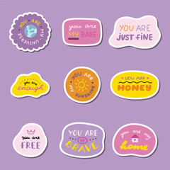 Set of stickers with cute inspirational and compliment quotes for planners, notebooks. Ready for print list of cute stickers. Handwritten lettering love and motivational phrases