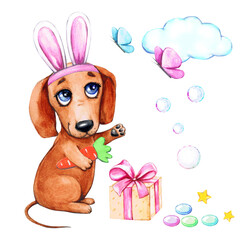 Cute dachshund dog with Easter bunny ears with gift box, butterflies, candies, cloud, stars, carrot