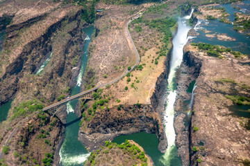Aerial view of Victoria Falls on the Zambezi River on the border of Zambia and Zimbabwe in South Africa