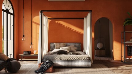 A modern bed canopy with a geometric monochrome pattern, set in a room with walls of a burnt orange hue