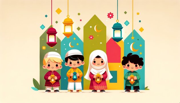 Colorful Ramadan Celebration Illustration with Cute Characters, Islamic Culture Concept