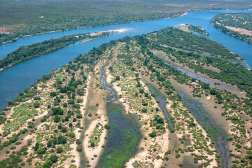 Aerial view of Zambezi River (Victoria Falls ) on the border of Zambia and Zimbabwe in South Africa