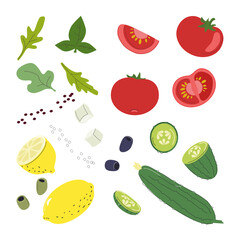 Ingredients for salad. Greek salad. Set. Tomato, cucumber, olives, basil, arugula, cheese, lemon. Isolated objects on white background