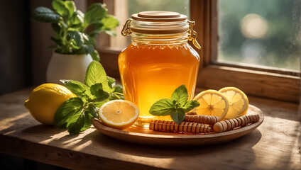 Glass jar with honey, lemon on the table