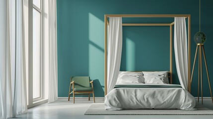 A modern bed canopy with sleek, geometric patterns, set against a minimalist room with teal walls