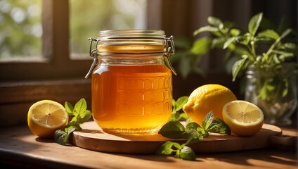Glass jar with honey, lemon on the table recipe