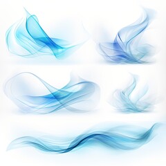 set of Abstract light effects of air, wind and streams of fresh breeze on a black background in blue and azure shades with smooth line transitions
