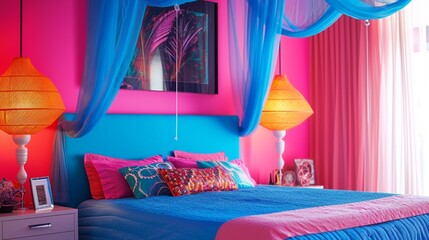 A vibrant bed canopy in electric blue, set in a room with vibrant pink walls and pop art decor