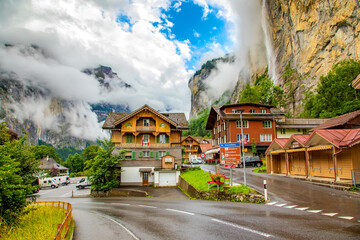 Scenic view of Lauterbrunnen valley and Staubbach waterfall, Switzerland