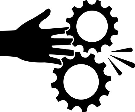 Moving gears danger sign, hands accident pictogram