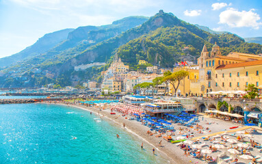 Scenic summer view of Amalfi town, Amalfi Coast, Italy - 720784963
