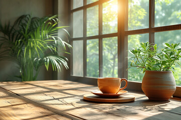 Morning with a cup of hot drink on wooden table - 720784977