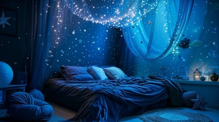A whimsical bed canopy with star patterns, in a room with night sky blue walls and celestial decor - obrazy, fototapety, plakaty