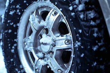 a car wheel closeup on the background of a winter snow covered road, concept of traffic safety on a slippery road