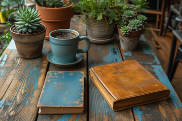 Two old books, house plants and a cup of coffee on weathered wooden table. - 720785148