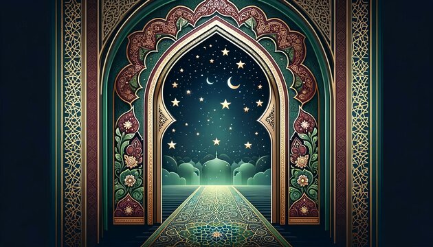 Arabesque Archway with Starry Night Sky, Islamic Art Concept