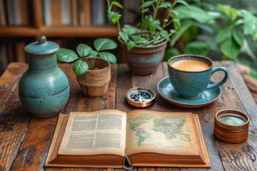 An old opened atlas book, compass and a cup of coffee on wooden table. Travel concept - 720785319