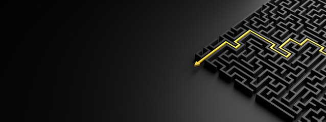 Black maze and yellow solution path with arrow