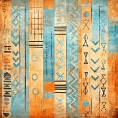 Sky blue, apricot, and taupe seamless African pattern, tribal motifs grunge texture on textile