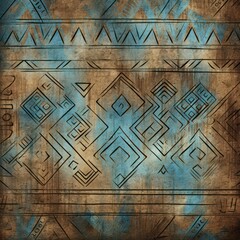 Sand, azure, and bronze seamless African pattern, tribal motifs grunge texture on textile