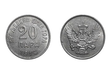 20 Para 1914 Nikola I. Coin of Austrian Empire. Obverse Coat of arms showing double-headed eagle. ...