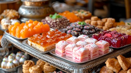 Display of various Middle Eastern sweets like baklava and Turkish delight, arranged elegantly on an silver platter, natural lighting emphasizing the textures and colors - obrazy, fototapety, plakaty