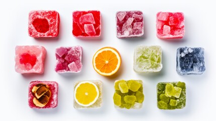 Top view of multi colored Turkish delight Rahat Lokum assortment. White background. Delicious oriental sweets. Colorful sweet backdrop.