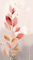 Fototapeta na wymiar Pink sakura flowers with golden leaves and sparkles. Abstract watercolor background. Floral art. Copy space. Minimalist design for greeting card, wedding invitation, packaging, print. Vertical
