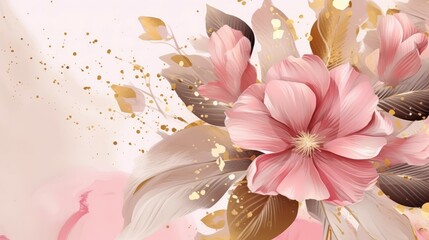 Pink sakura flowers with golden leaves and sparkles. Abstract watercolor background. Floral art. Copy space. Minimalist design for greeting card, wedding invitation, packaging, print, decoration