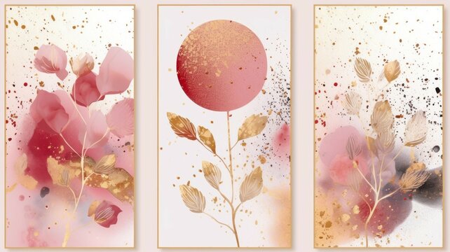 Set of three watercolor paintings with blush pink florals and gold splatters. Concept of abstract art, botanical elegance, aquarelle flora, golden touches, romantic background.