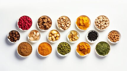 Top view of various superfoods and spices in bowls on a white background. Top view
