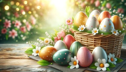 Fototapeta na wymiar Colorful Easter Eggs in Basket with Spring Flowers, Easter Celebration Concept