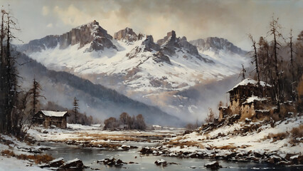 watercolor ,oil painting , vintage art , abstract art mountain background , oil on canvas , landscape , picture for printing on the wall	
