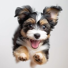 small terrier pup jumping in the studio on a white background