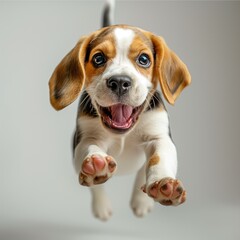 cute beagle puppy jumping on white background