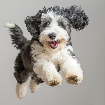 beautiful sheepadoodle pup playing in the studio
