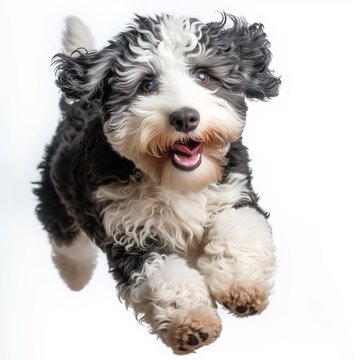 beautiful sheepadoodle pup playing in the studio