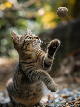 A Photo of a Cat Playing with a Ball in Nature