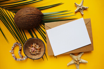ummer holiday concept. straw hat, palm branch and seashells. white blank