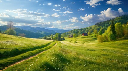 beautiful countryside of romania. sunny afternoon. wonderful springtime landscape in mountains. grassy field and rolling hills. rural scener