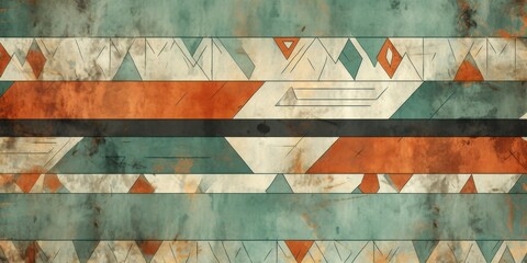 Slate, mint, and rust seamless African pattern, tribal motifs grunge texture on textile background