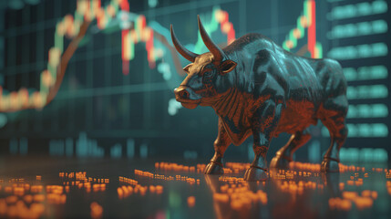 Financial market bull standing in front of background of price charts. - obrazy, fototapety, plakaty
