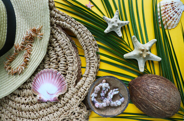 ummer holiday concept. straw hat, palm branch and seashells. white blank