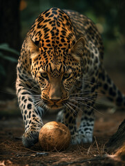 A Photo of a Leopard Playing with a Ball in Nature
