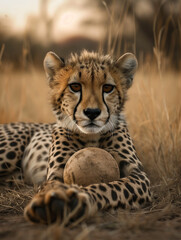 Naklejka na ściany i meble A Photo of a Cheetah Playing with a Ball in Nature