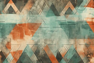 Slate, mint, and rust seamless African pattern, tribal motifs grunge texture on textile background