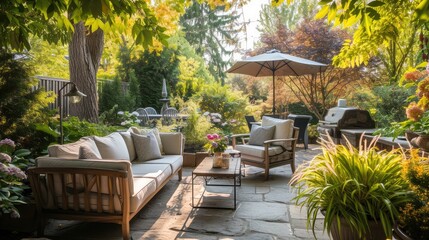 Fototapeta na wymiar Charming Serene Garden Patio With Cozy Outdoor Furniture, Accent Pillows and Relaxing Setting
